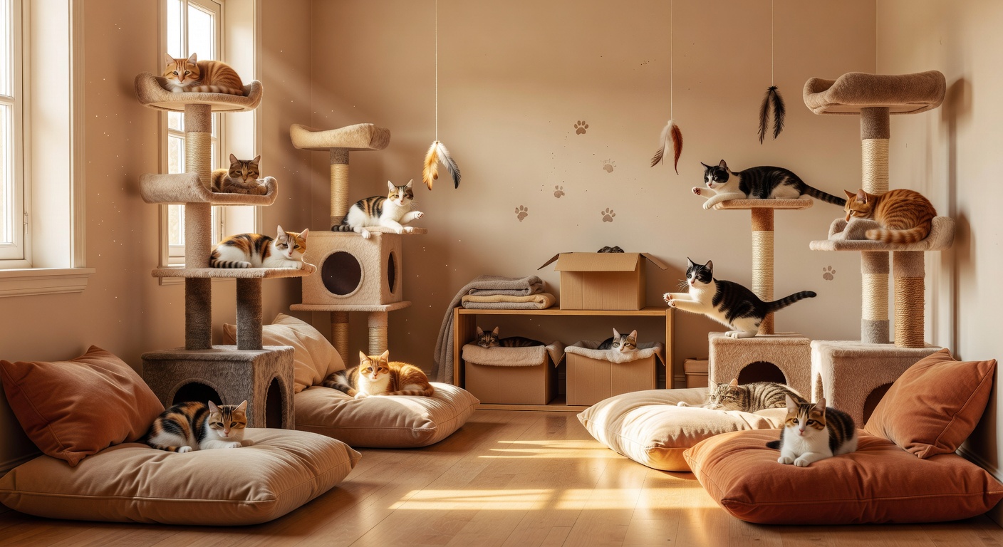 A warm, clean, and interactive cat shelter playroom with natural light