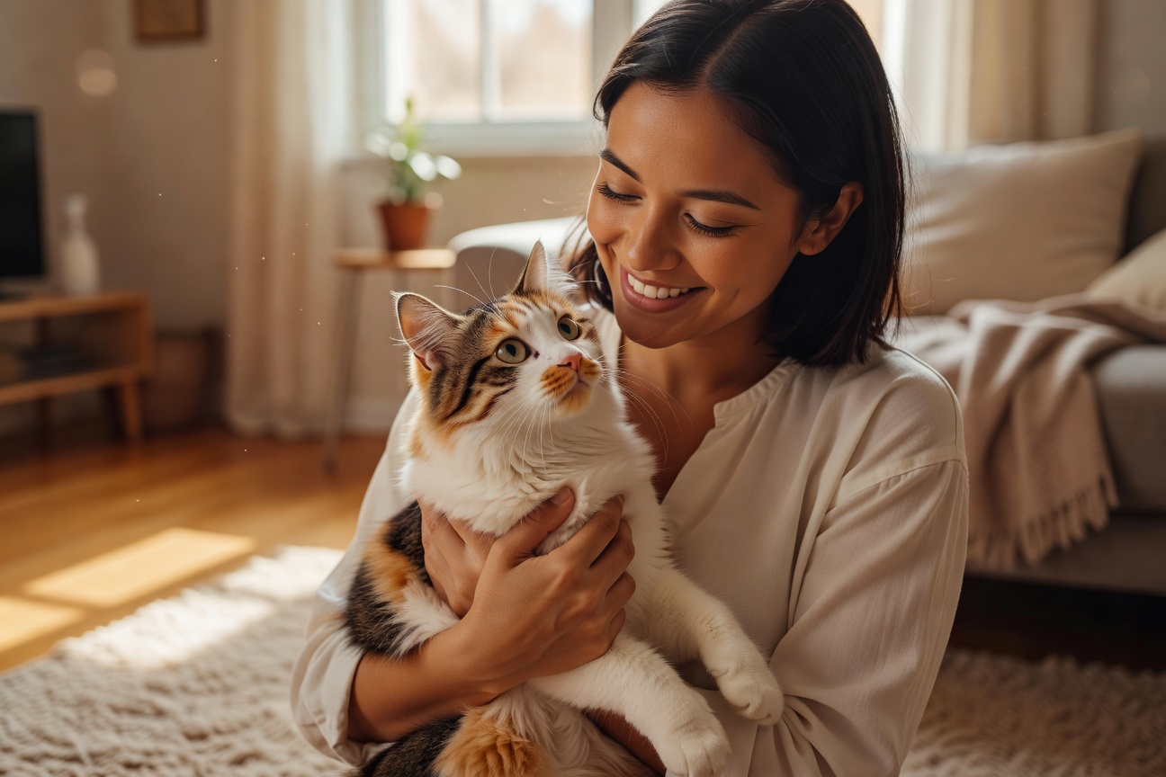 A person happily holding a beautiful rescued cat