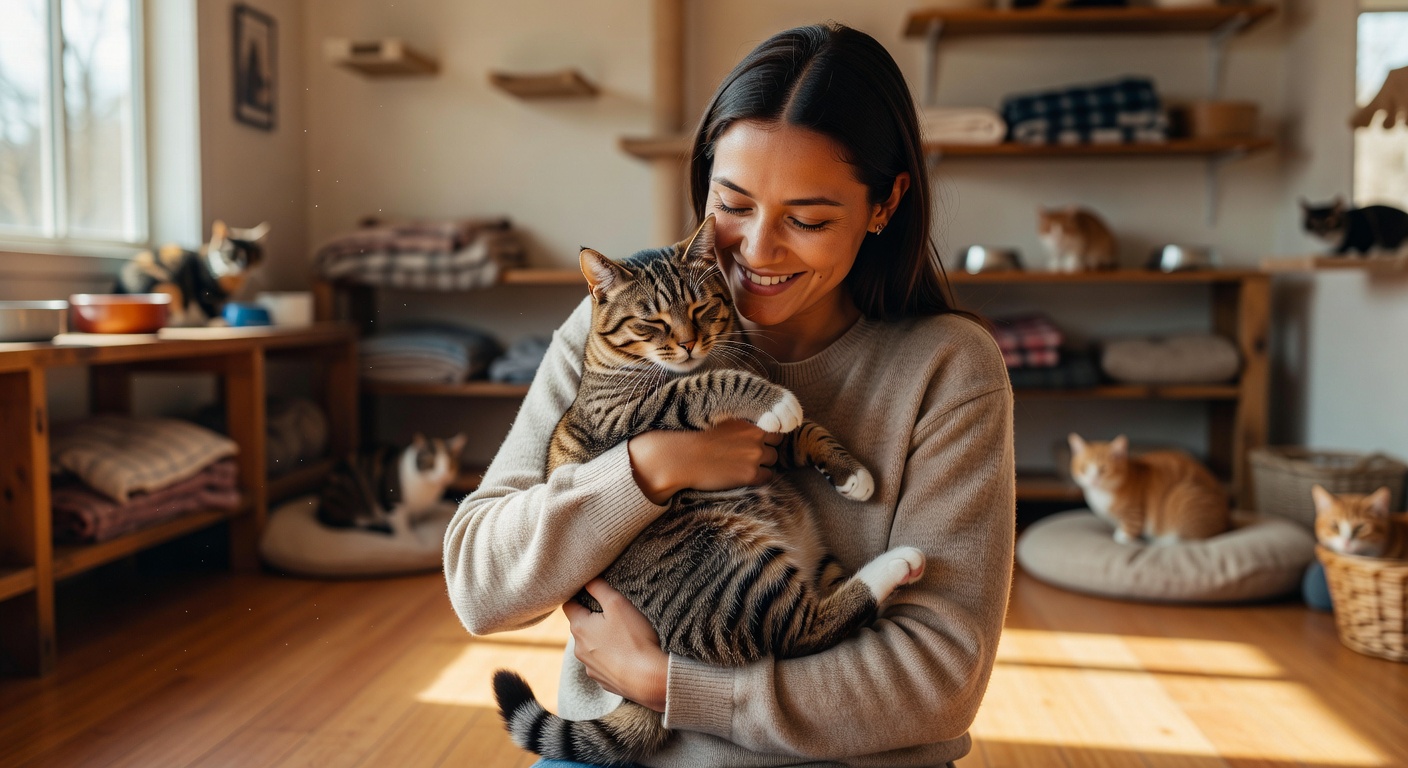 A person warmly hugging a rescued tabby cat in a cozy shelter environment