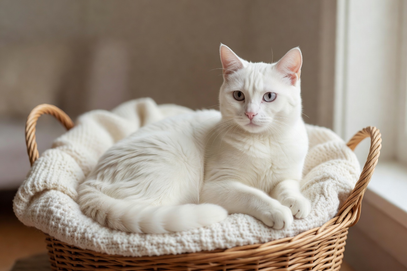 Daisy, a pure white cat sitting in a cozy basket