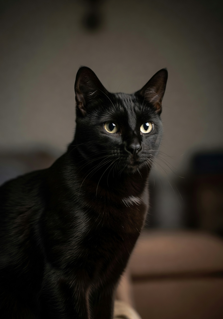 Luna, a sleek black cat looking curiously at the camera