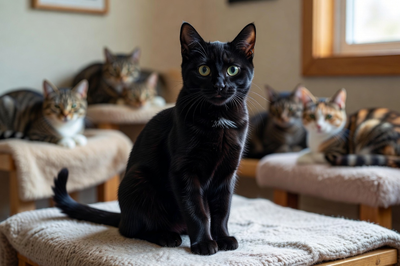 Luna, a sleek black cat looking curiously at the camera