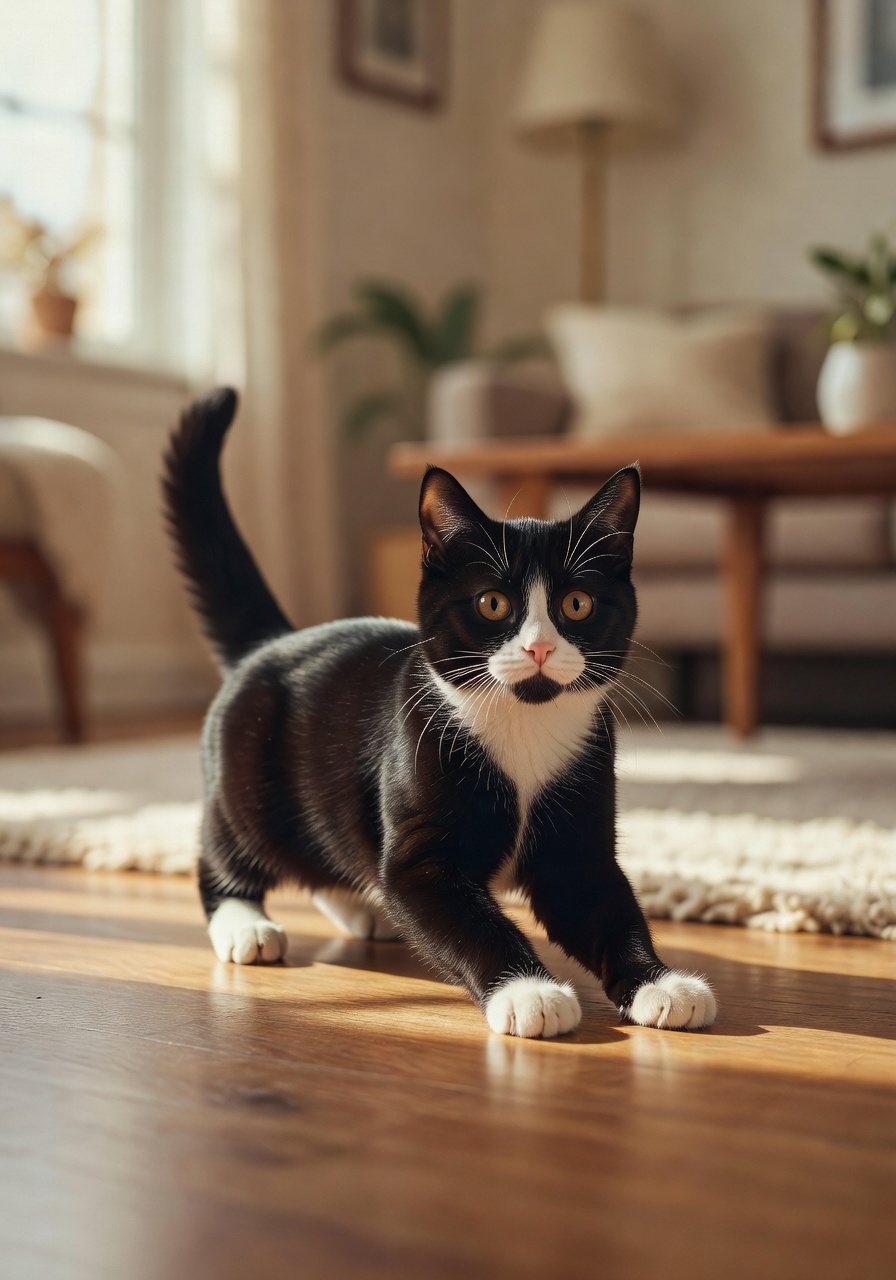 Milo, a cute tuxedo cat playfully interacting