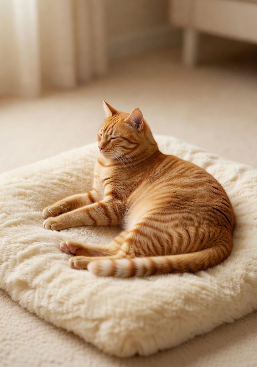 Oliver, a friendly orange tabby cat resting comfortably on a soft carpet