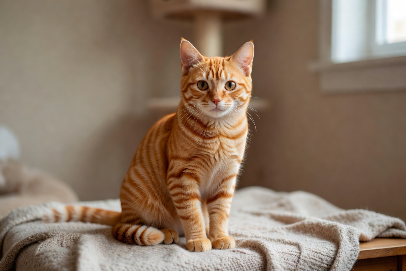 Oliver, a friendly orange tabby cat resting comfortably